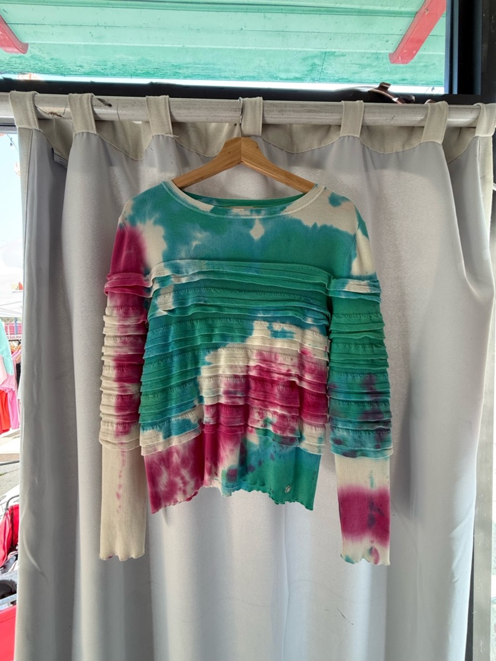 CHANEL Tie-Dye Ruffle Band Long Sleeve Sweater in Teal, Magenta & White